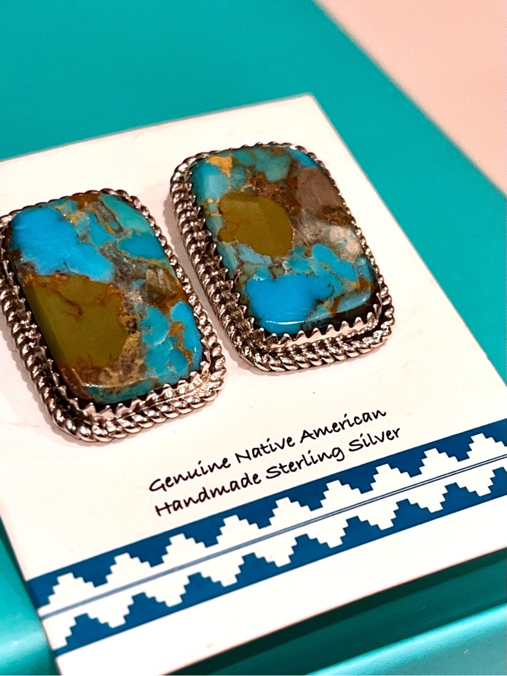 Turquoise and Olive Stone Sterling Silver Rectangular Earrings